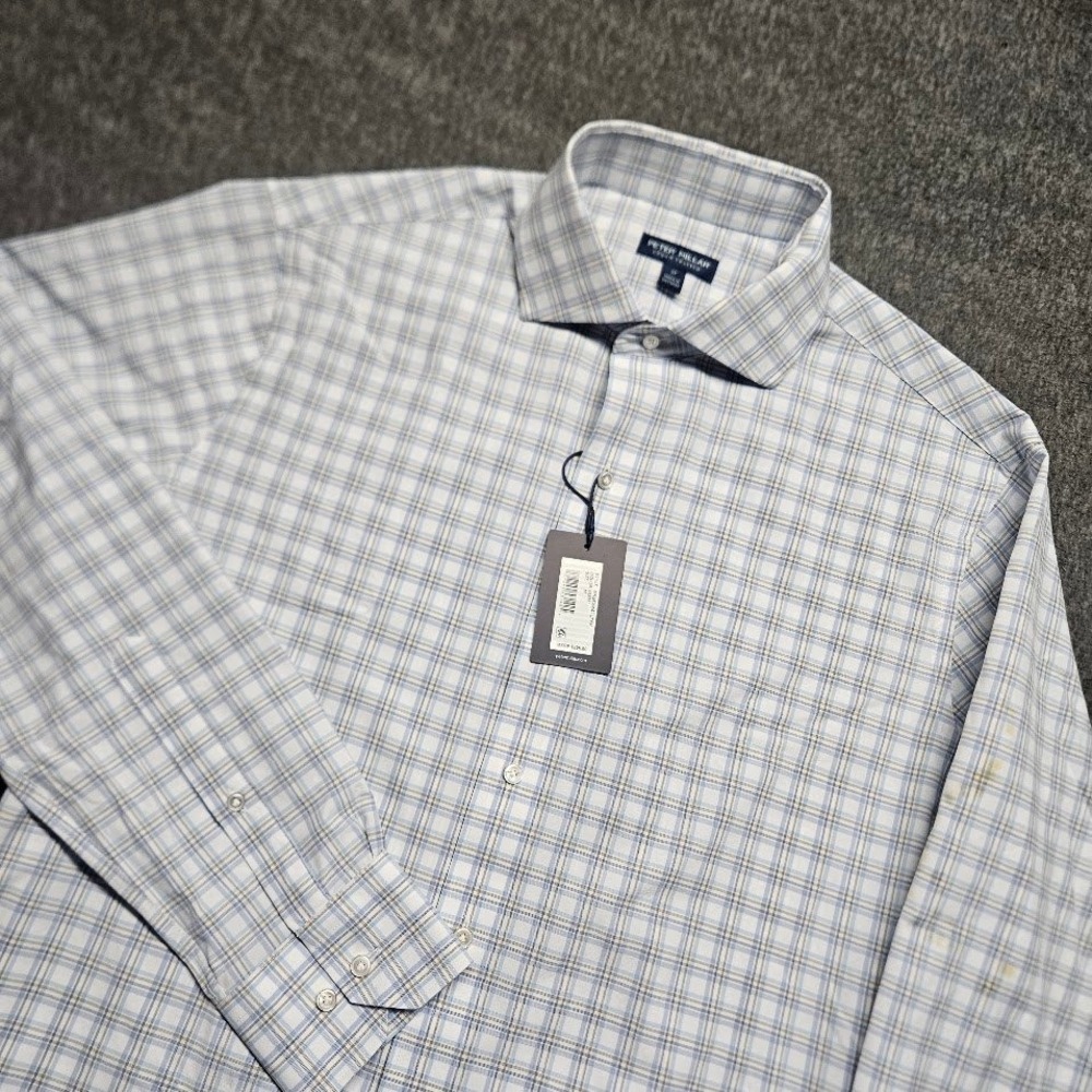 Peter Millar Dress Shirt Mens Medium Blue Plaid Crown Finish NWT Stained
